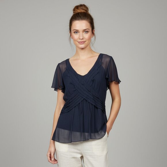 BCBGMAXAZRIA Navy Chiffon Pleated Flutter Sleeve Blouse | Women’s Size Medium - Picture 2 of 7